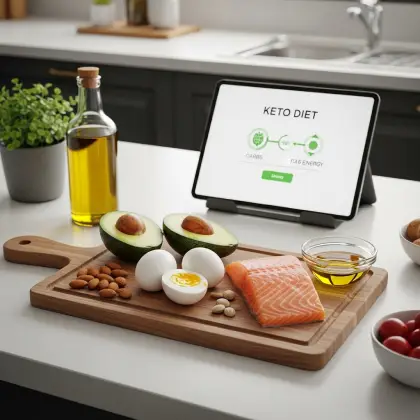 Tablet showing a keto diet app on a kitchen counter, with various keto food items nearby.