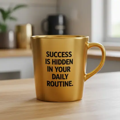 A motivational quote on a coffee cup 'success is hidden in your daily routine'
