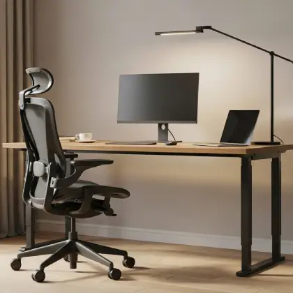 A workspace featuring a desk, computer, and chair by a window, representing a remote work environment.